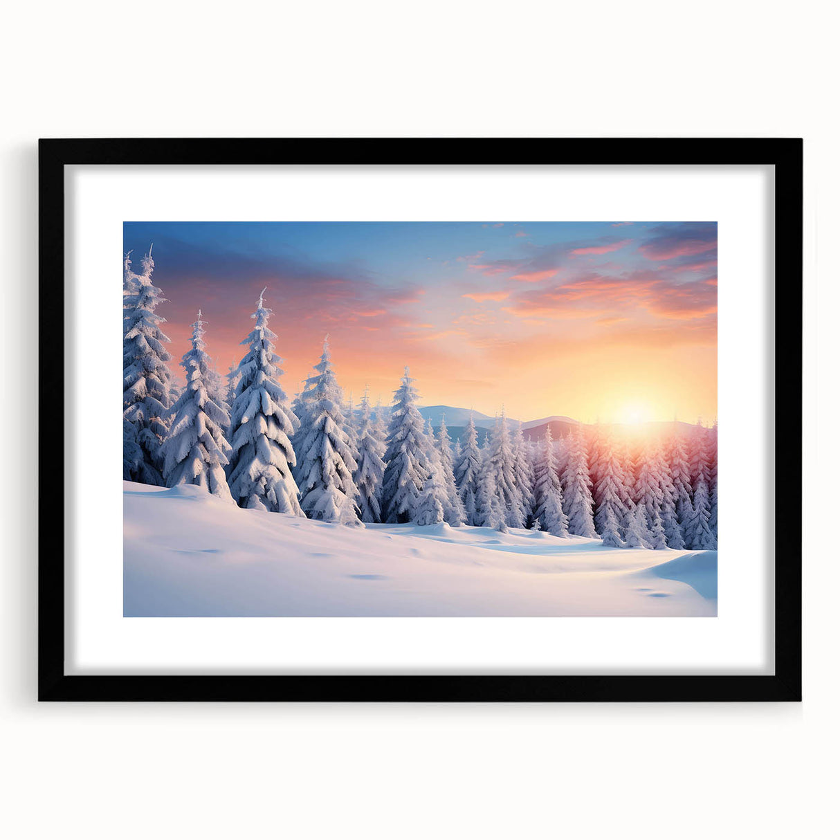Framed wall art featuring a serene landscape design with trees, showcased in a sleek black frame with a white mat, perfect for home decor enhancement.