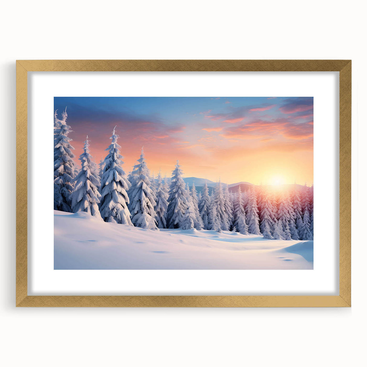 Elegant framed wall art showcasing a serene landscape with trees, featuring a gold frame and mat, perfect for enhancing home decor with natural beauty.