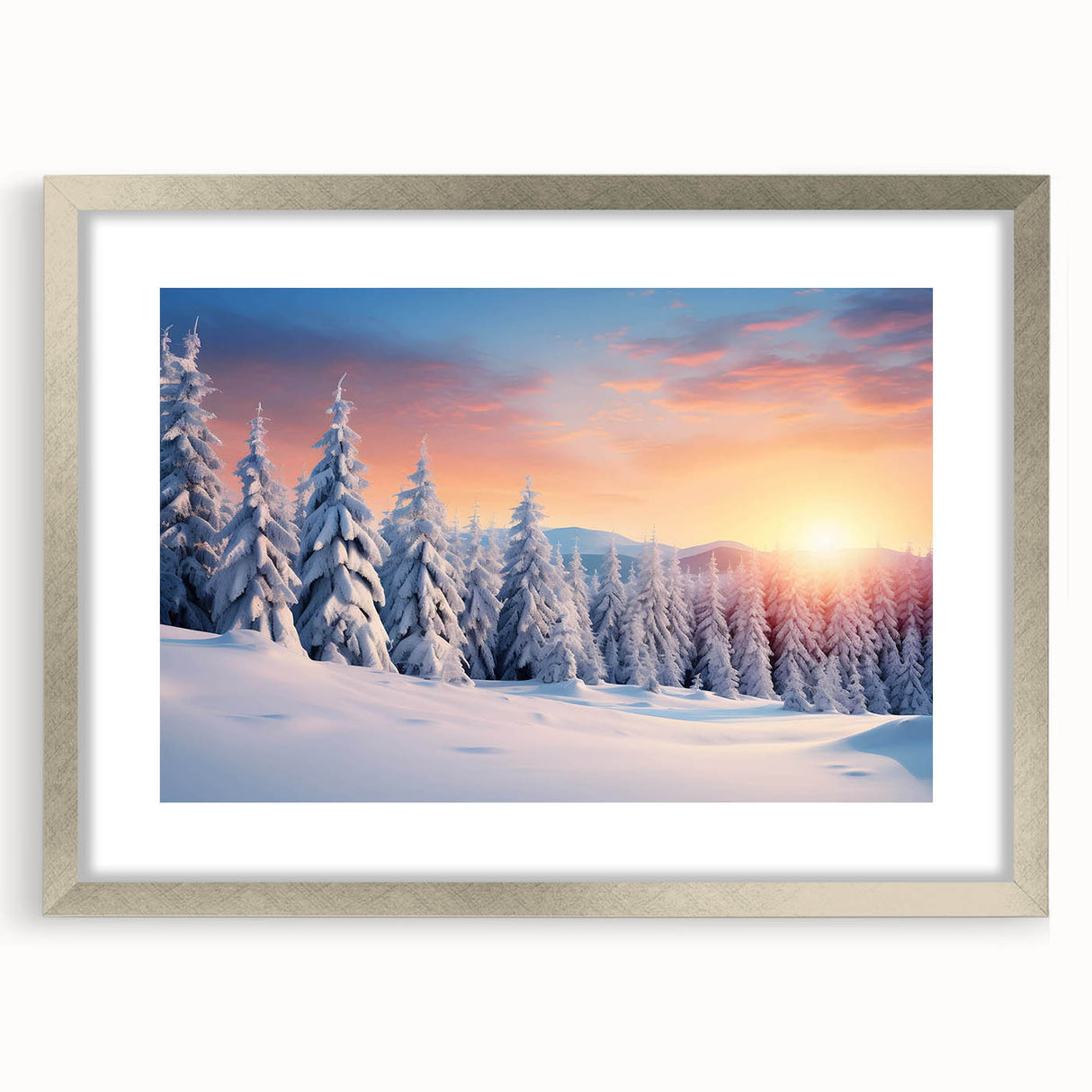 Framed wall art showcasing a serene landscape with lush green trees, set in a silver mat and frame, perfect for enhancing home decor aesthetics.