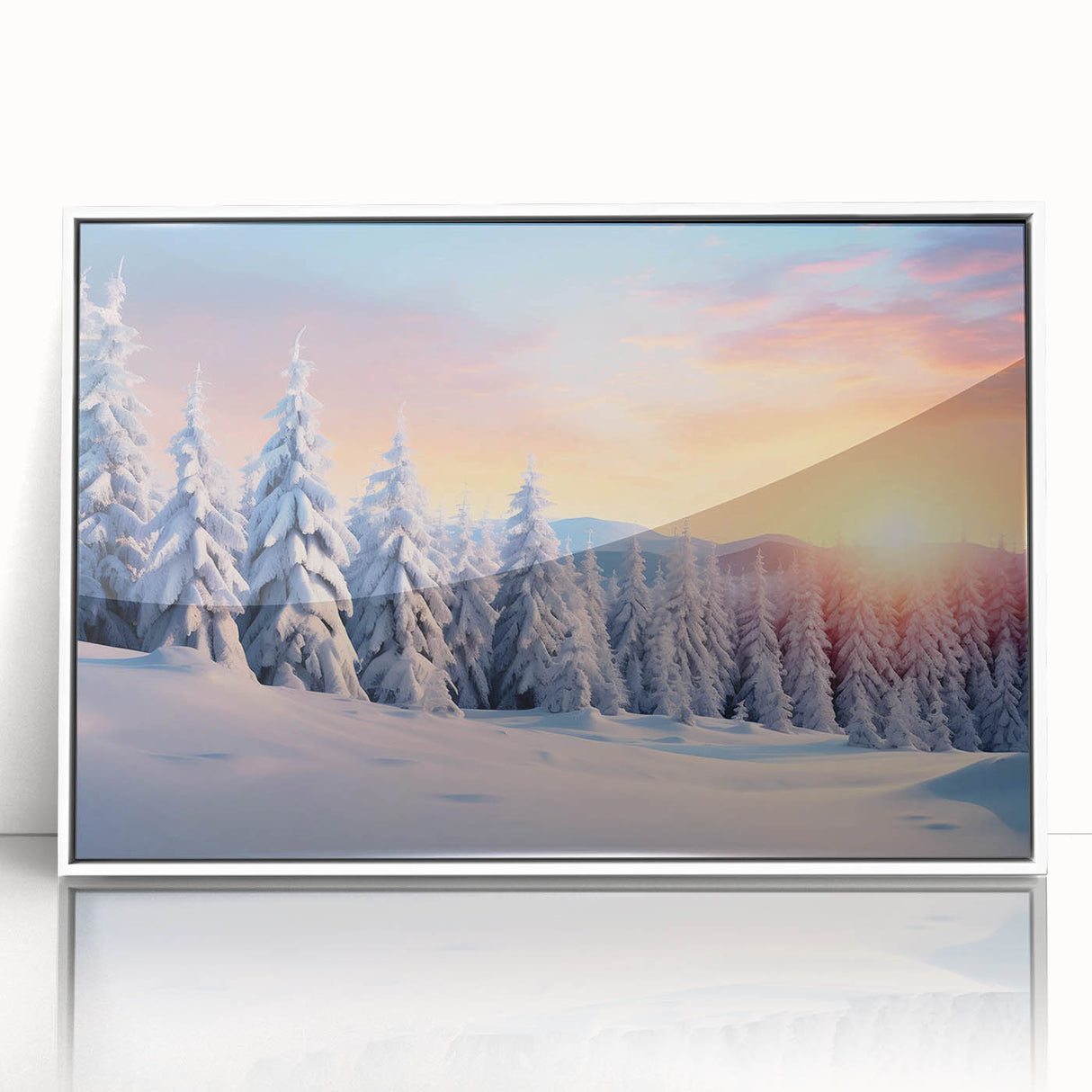 Framed acrylic wall art showcasing a serene landscape design with trees, presented in a sleek white frame, perfect for enhancing home decor and creating a calming atmosphere.