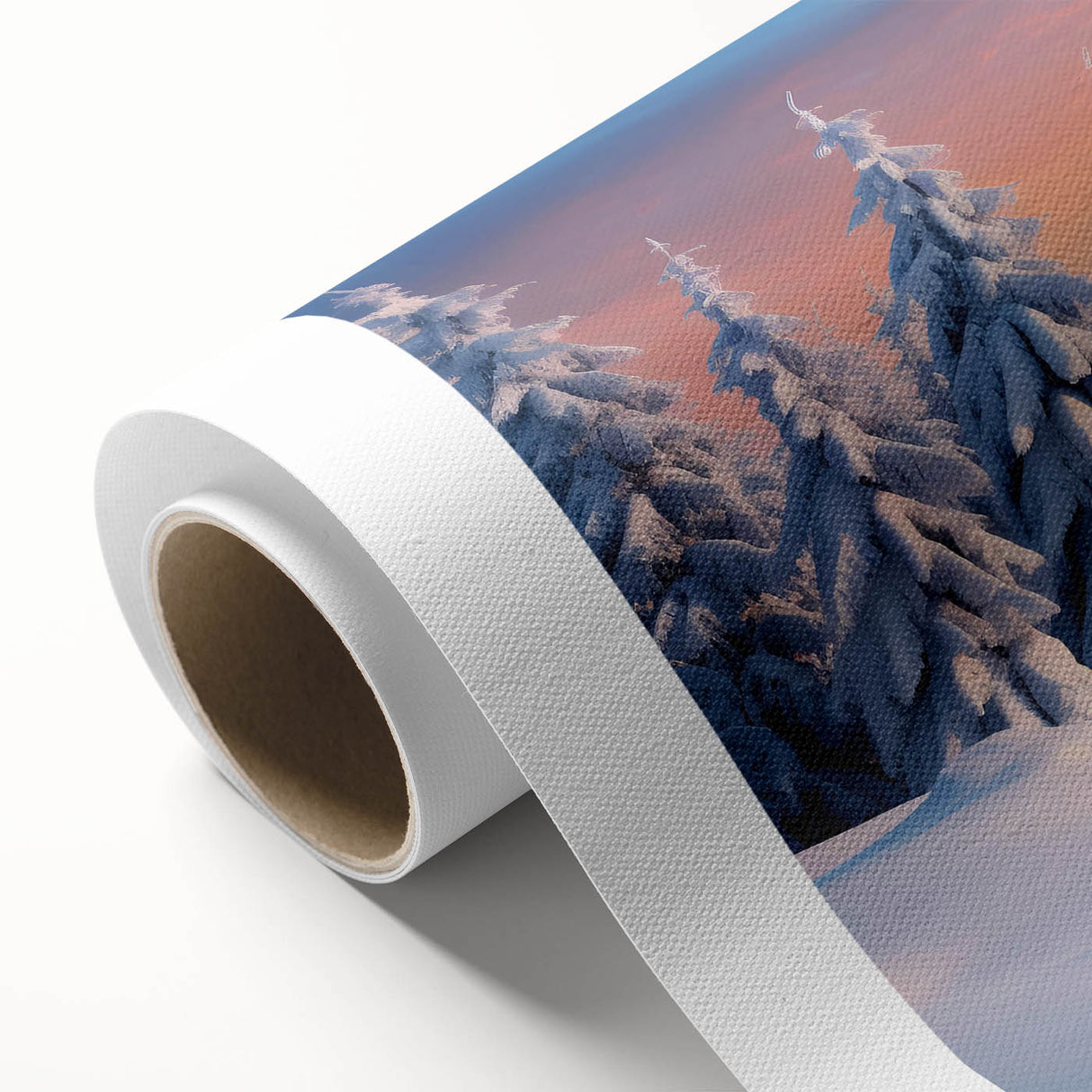 Rolled canvas artwork showcasing a serene landscape of trees with vibrant greens and earthy tones, elegantly designed for home decor accents and wall art collections.