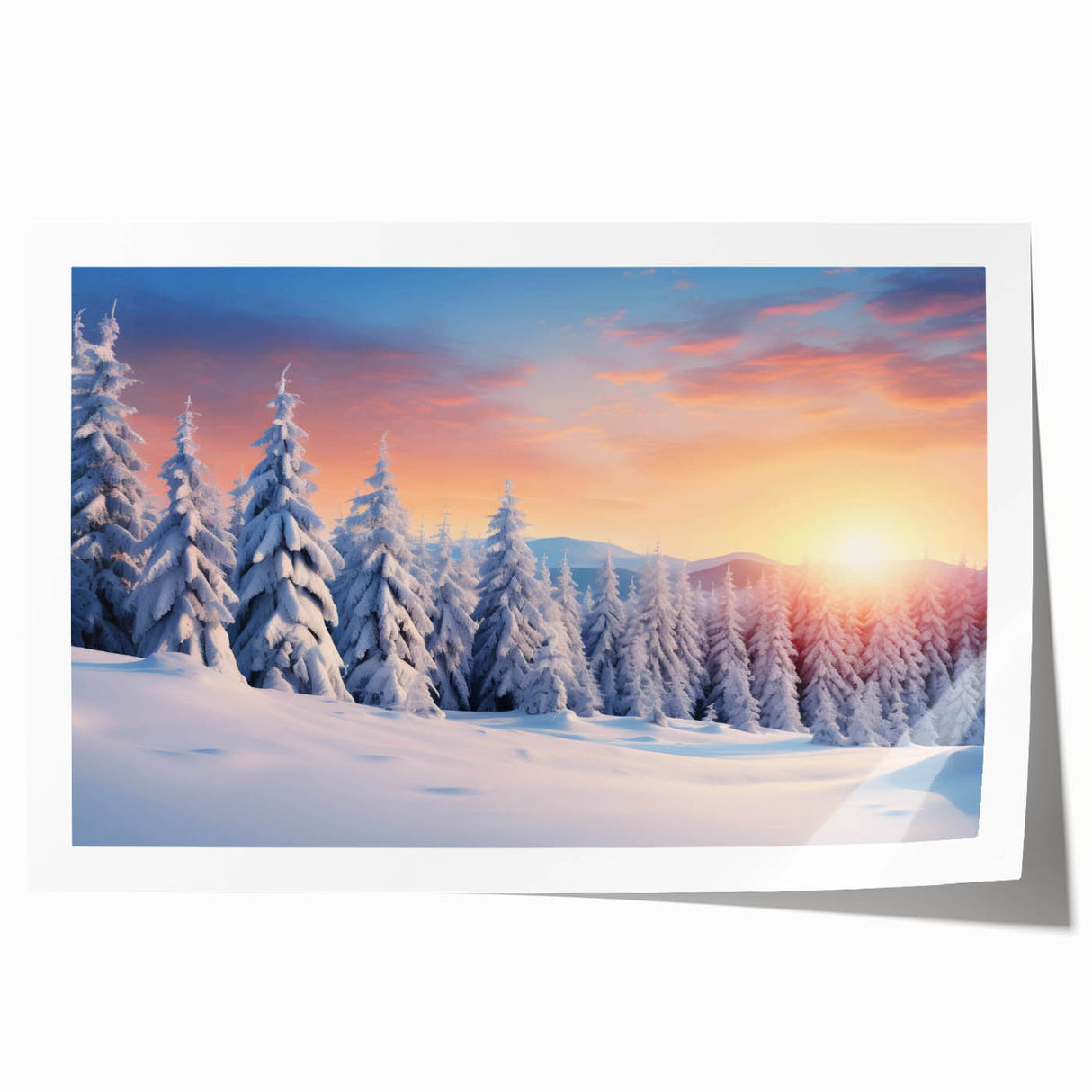 Rolled print showcasing a stunning landscape design featuring vibrant green trees against a serene blue sky, perfect for home decor or office spaces.