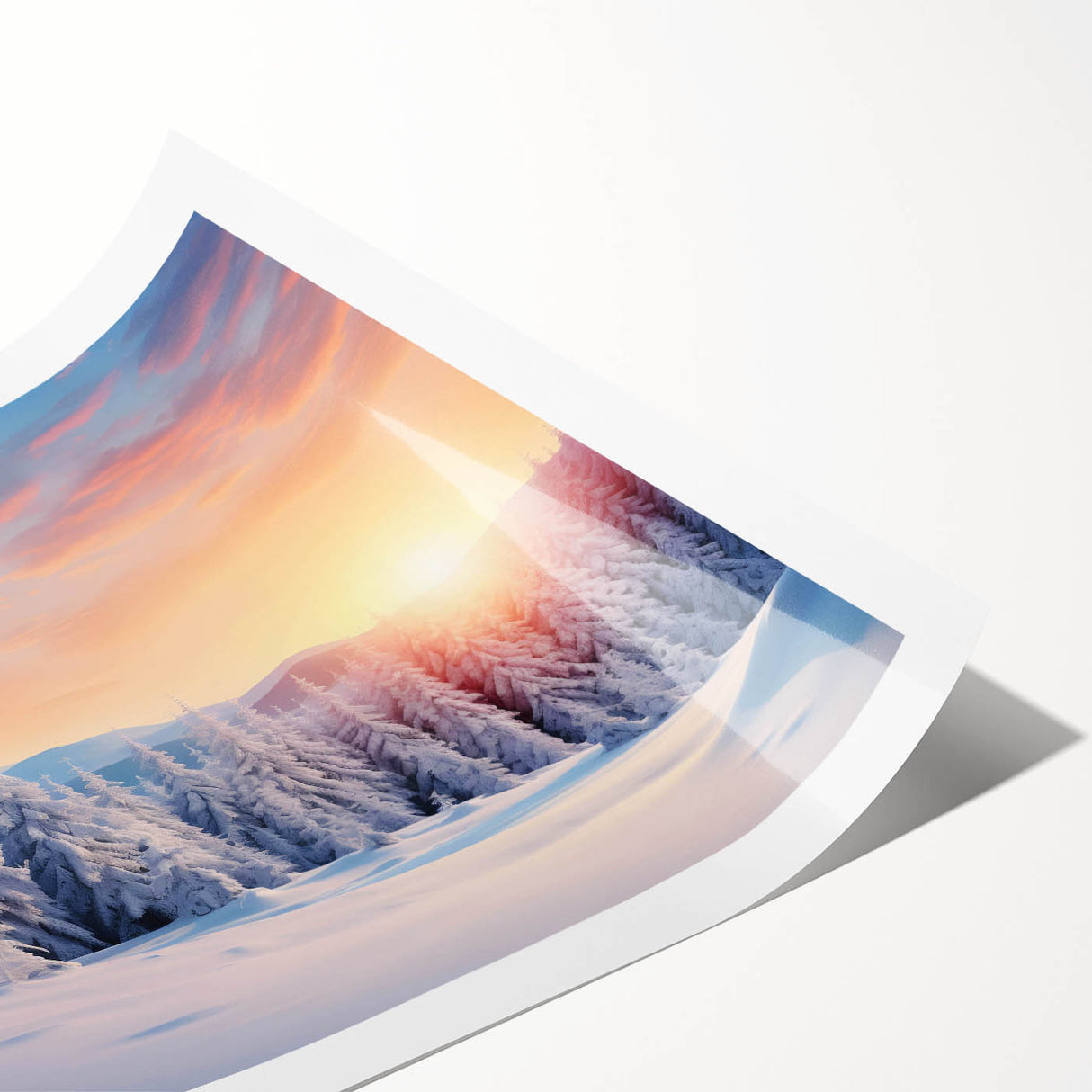 Vibrant wall art print showcasing a serene landscape with trees, featuring lush green foliage and a tranquil atmosphere, rolled for easy display and shipping.