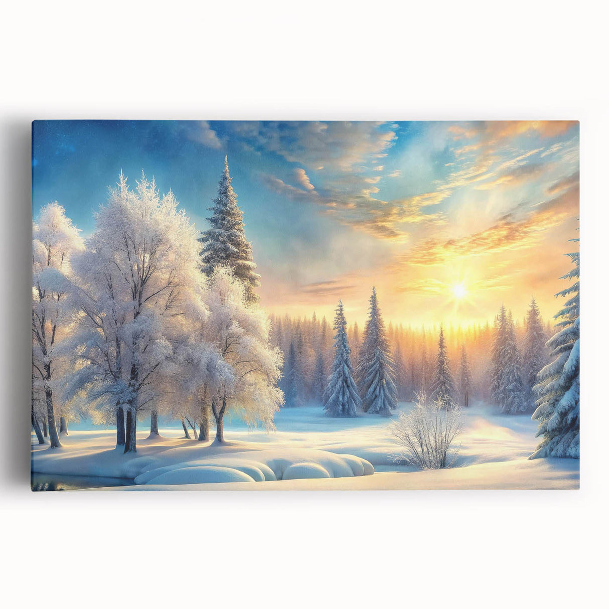 Stretched canvas wall art featuring a serene landscape with vibrant green trees and a clear blue sky, perfect for enhancing home decor and creating a calming atmosphere.