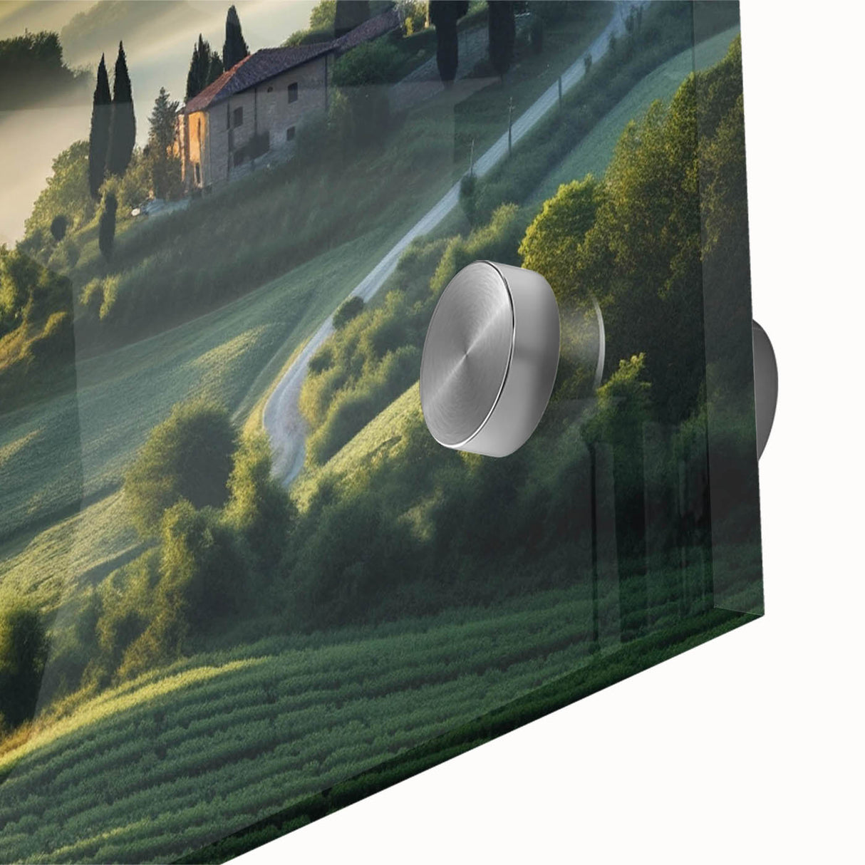 Vibrant acrylic glass wall art showcasing a scenic valley landscape, featuring rich greens and blues, perfect for adding a nature-inspired touch to home decor.