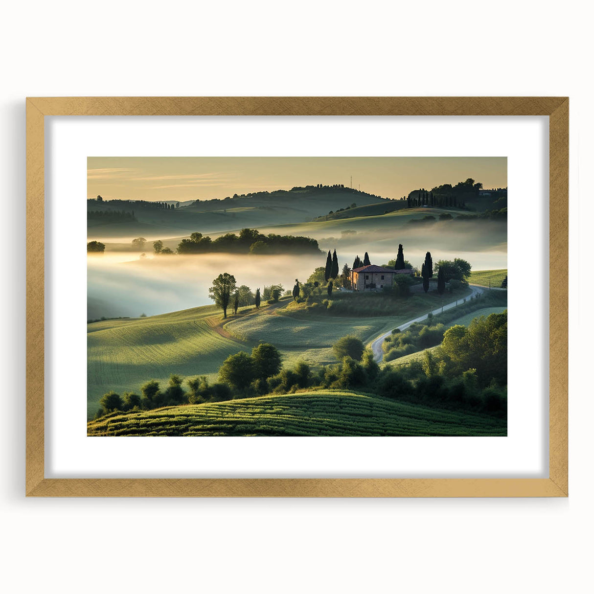 Framed wall art featuring a serene valley landscape design with a gold mat, suitable for home decor, adding elegance and tranquility to any room.