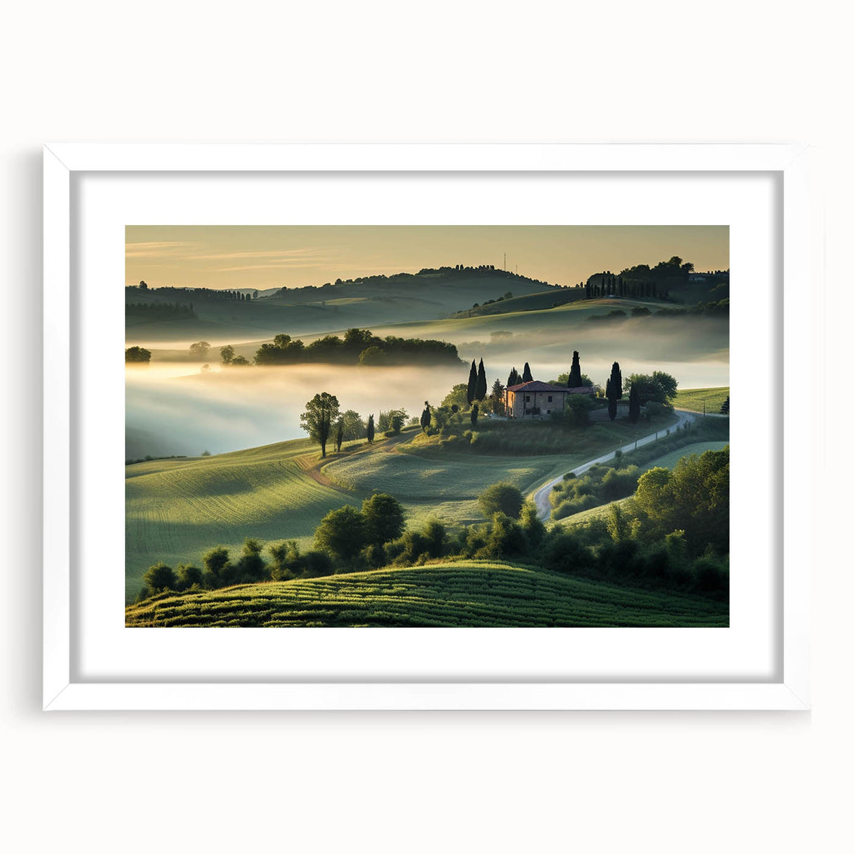 Framed landscape wall art depicting a serene valley scene with lush greenery and a tranquil river, featuring a white mat and modern design, perfect for home decor.