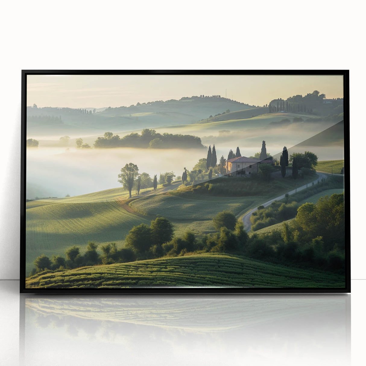 Framed acrylic wall art showcasing a serene valley landscape design with vibrant greens and blues, perfect for home decor. The artwork features a sleek black frame, enhancing its modern appeal.