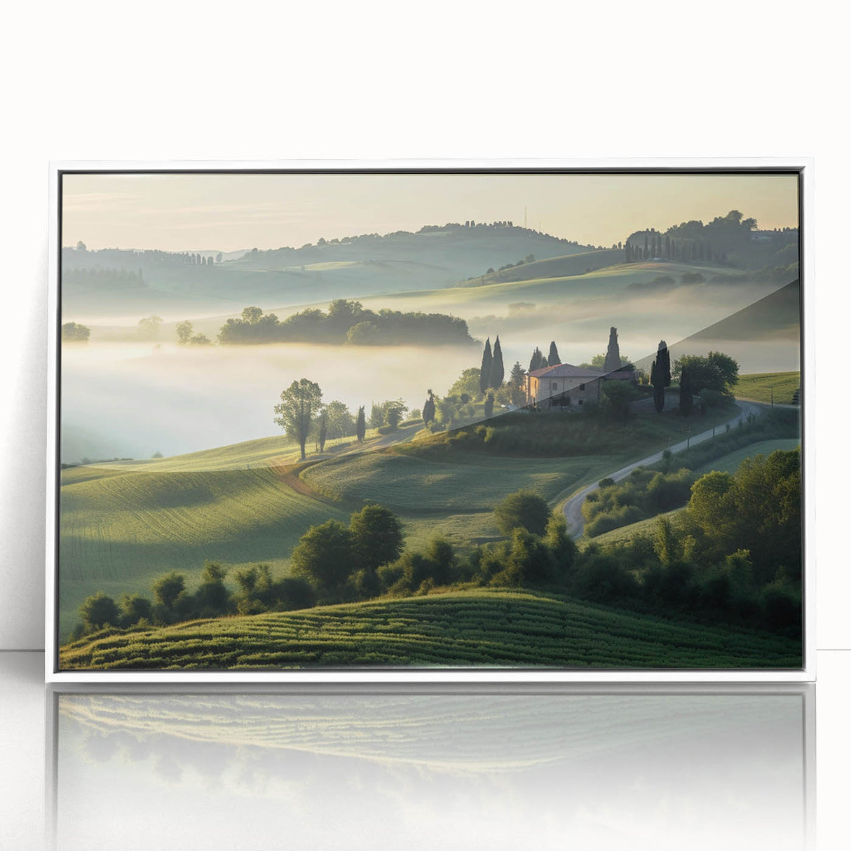 Framed acrylic wall art showcasing a serene valley landscape design in white, perfect for home decor. The artwork emphasizes tranquility and natural beauty, ideal for modern interiors.