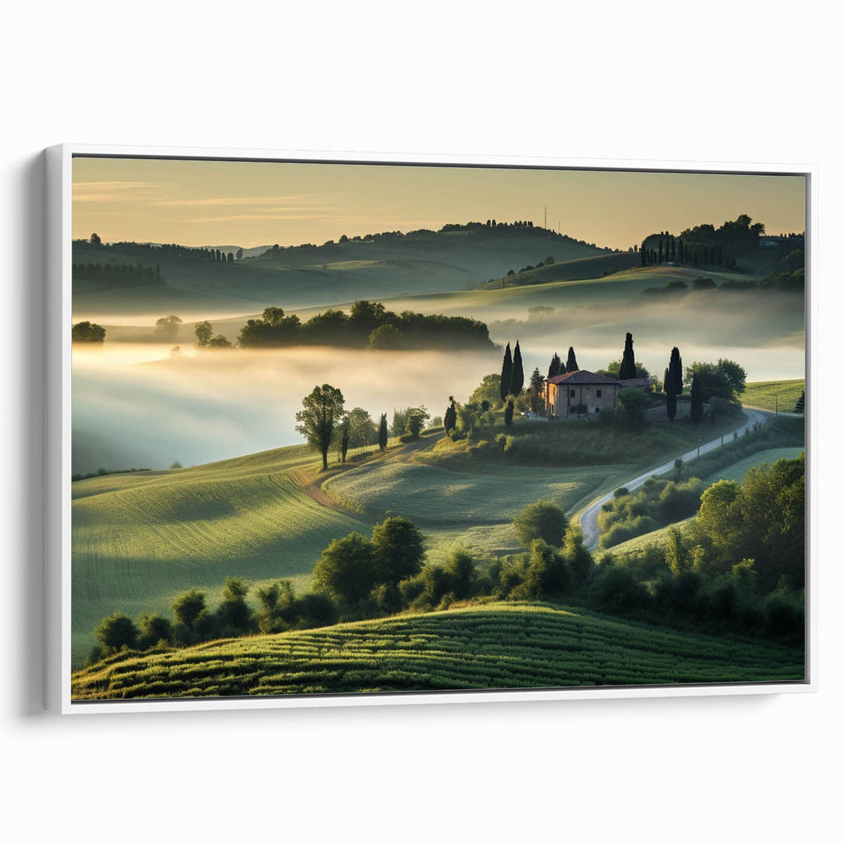 Framed canvas artwork showcasing a serene valley landscape with soft pastel colors, designed for elegant home decor, viewed from the side against a neutral background.