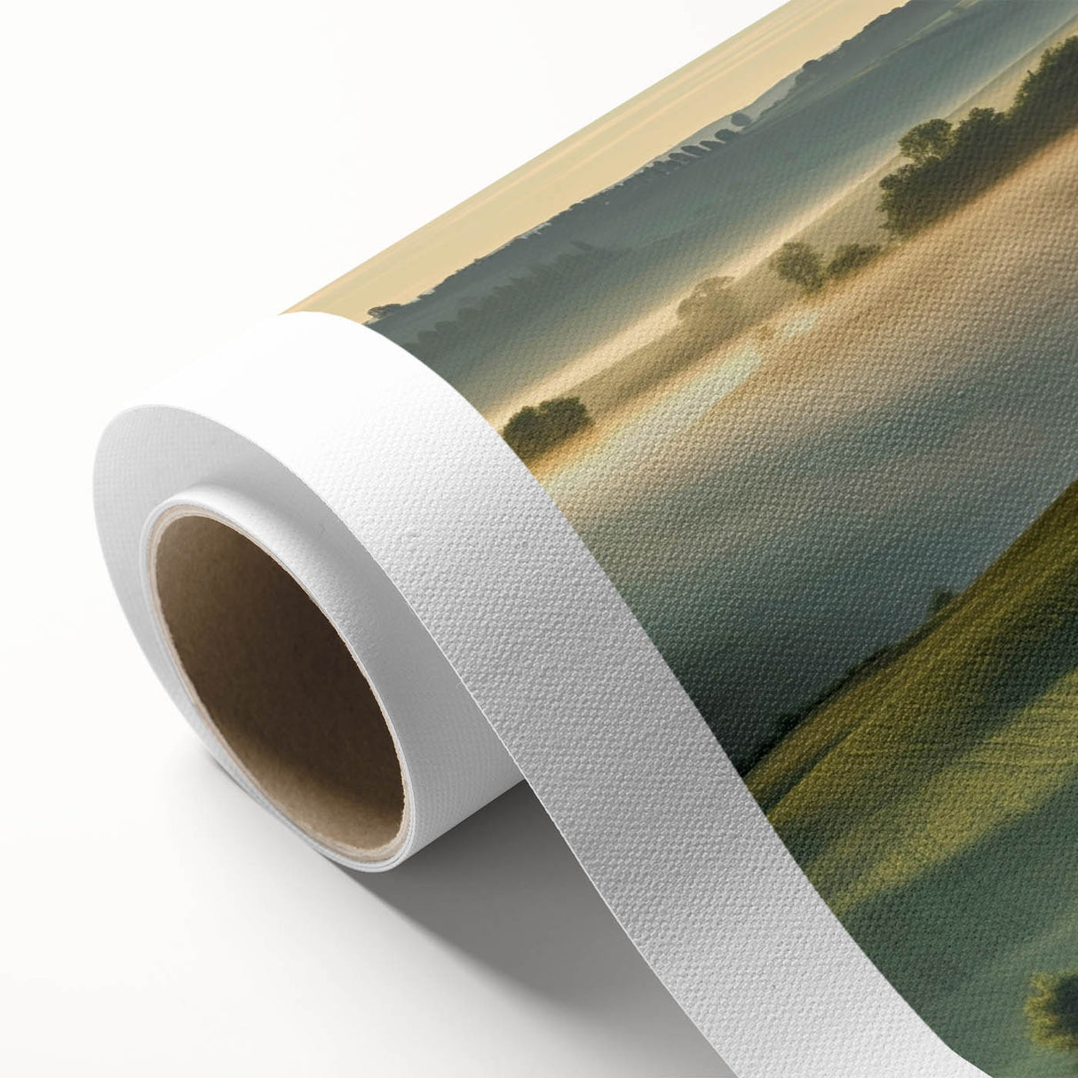 Rolled canvas artwork depicting a vibrant valley landscape with rich colors and intricate details, ideal for enhancing home decor and artistic ambiance.