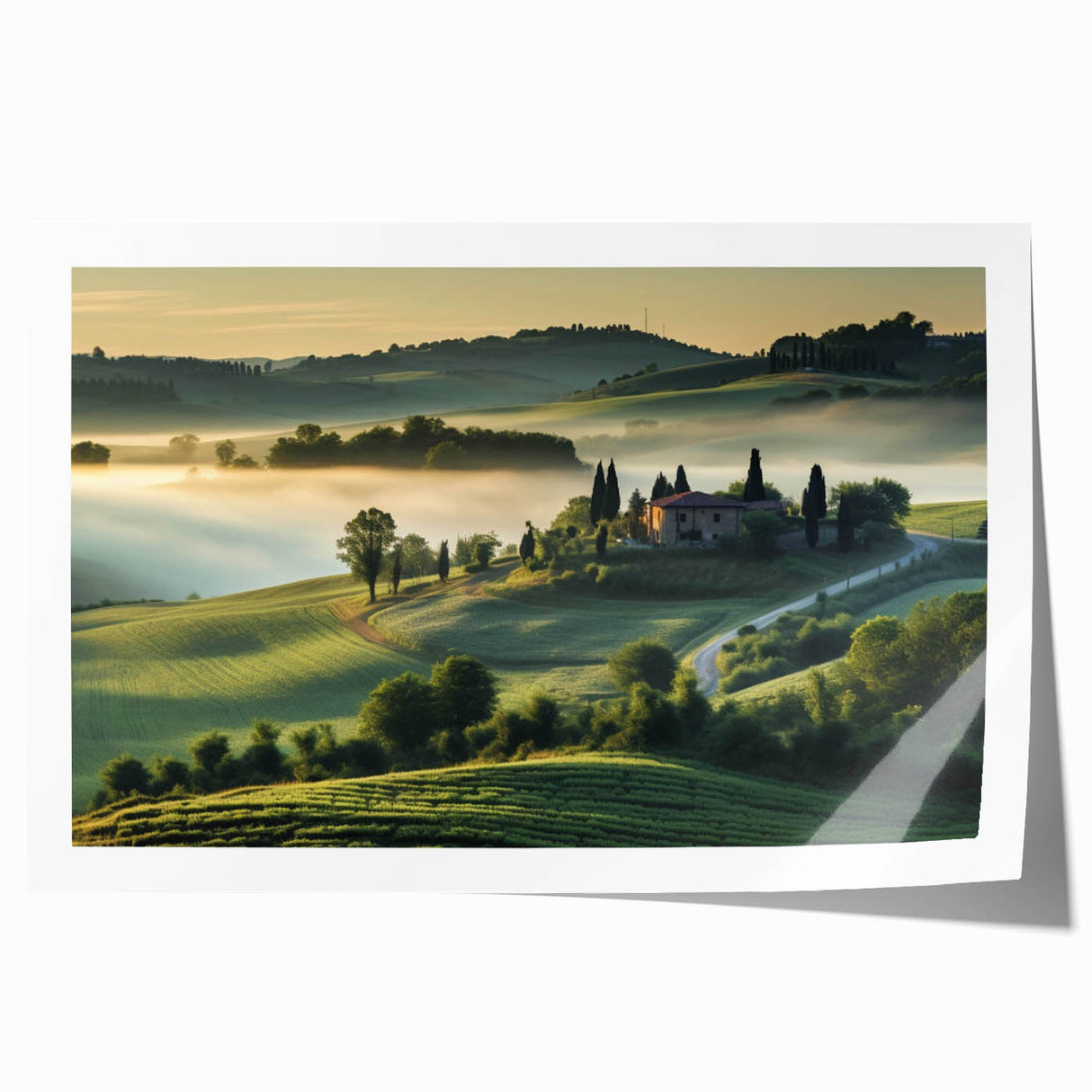 Vibrant rolled print of a serene valley landscape, showcasing lush green hills and a clear blue sky, perfect for home decor or office aesthetics. Ideal for nature lovers seeking tranquility in their space.
