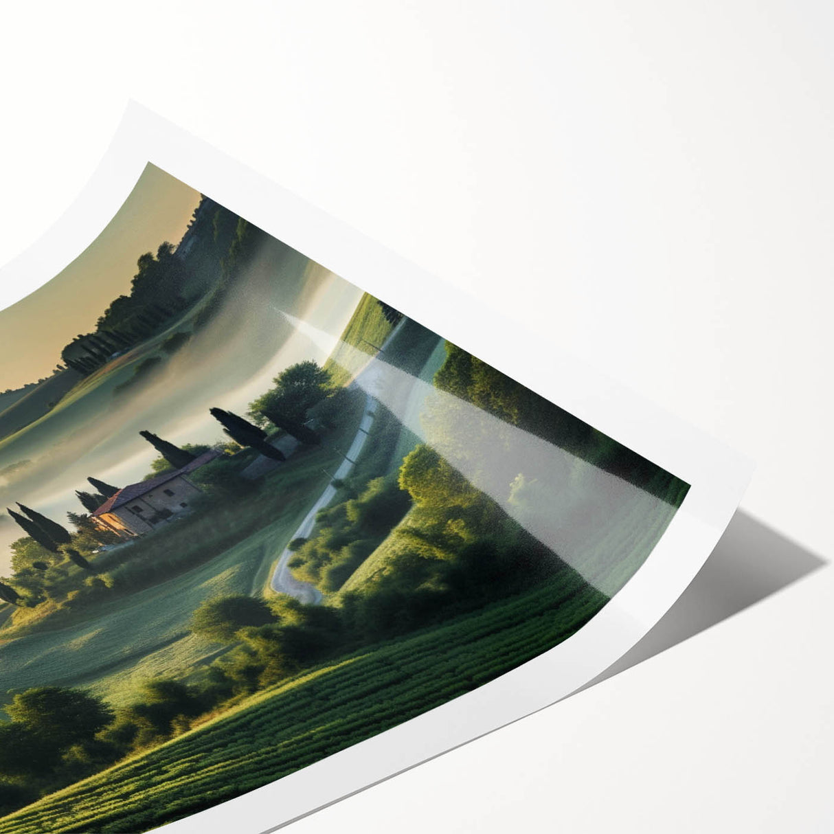 Vibrant landscape wall art print showcasing a serene valley scene with lush greenery and rolling hills, rolled and ready for framing, perfect for home decor.