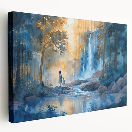 Stretched canvas wall art featuring a serene landscape with a cascading waterfall, surrounded by lush greenery, perfect for home decor and relaxation themes.