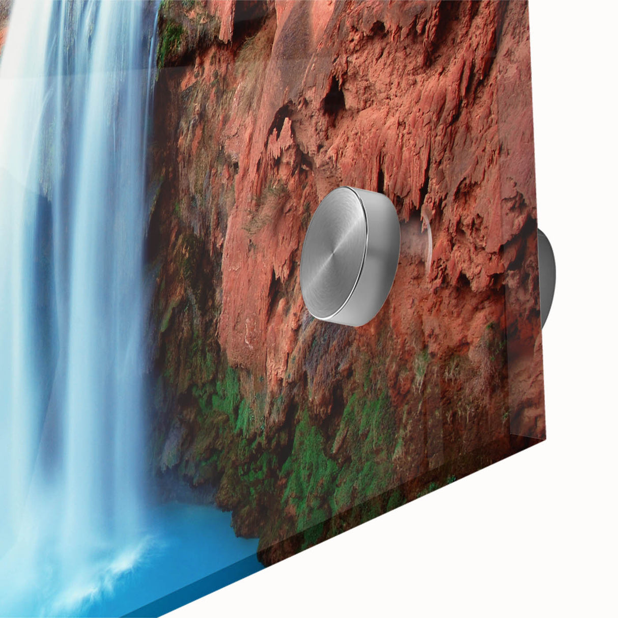 Close-up of a stunning acrylic wall art piece showcasing a vibrant waterfall landscape design with rich blues and greens, perfect for home decor.