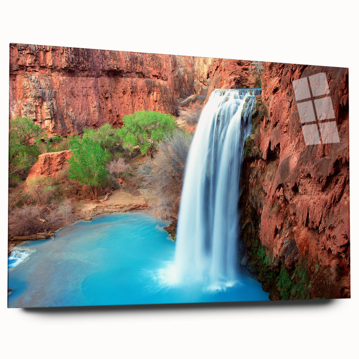 Acrylic glass wall art display showcasing a vibrant landscape of cascading waterfalls, framed elegantly, highlighting the intricate details and colors of nature, perfect for home decor.