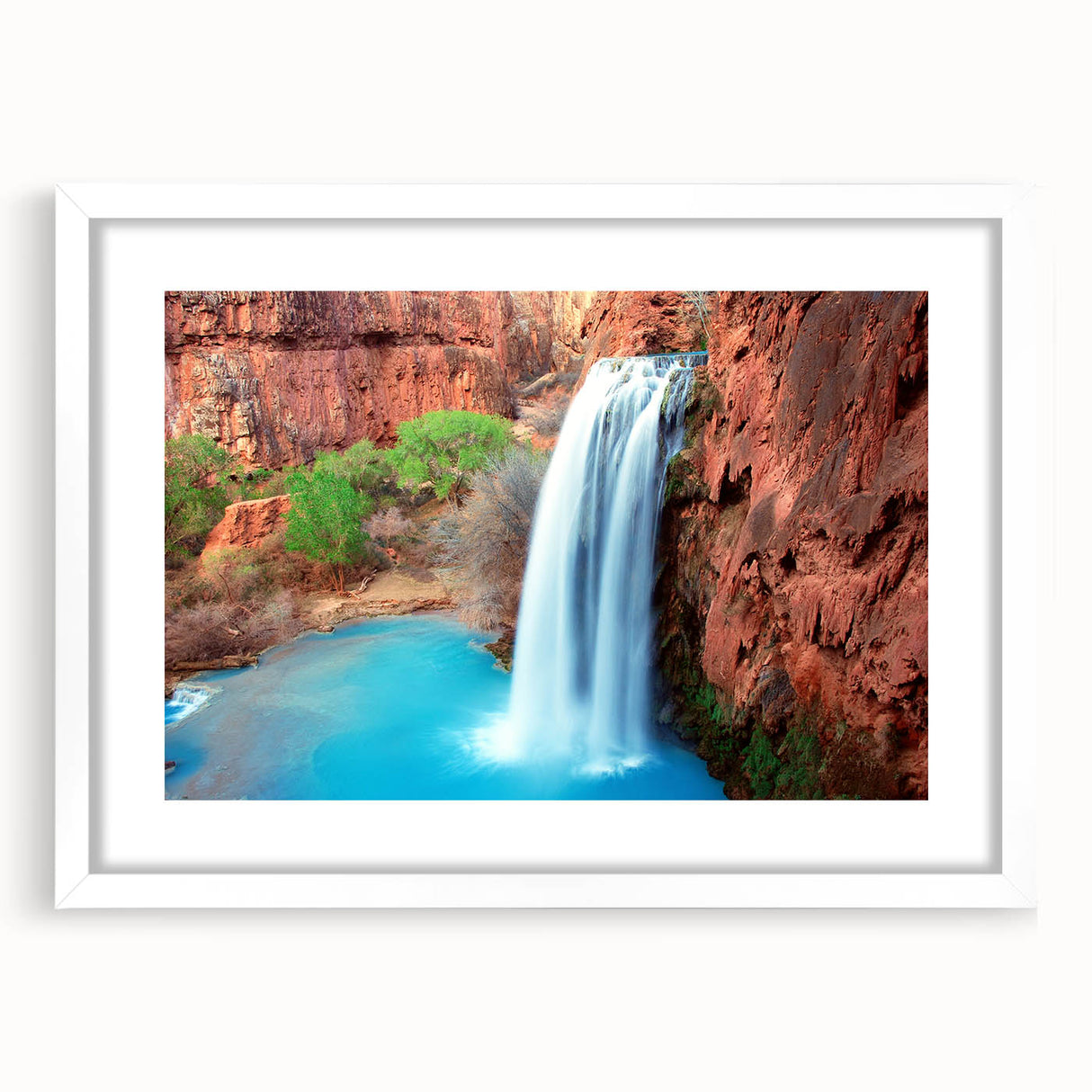 Framed wall art showcasing a serene waterfall landscape design with a white mat and frame, ideal for home decor in living rooms or offices, enhancing tranquility and beauty.