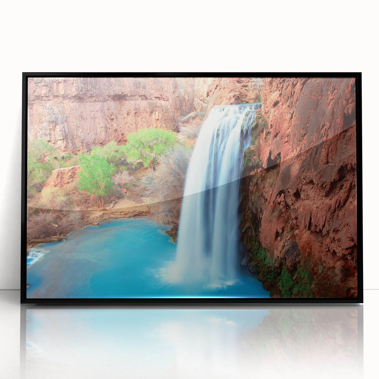 Framed acrylic wall art showcasing a stunning landscape waterfall design with a black frame, perfect for enhancing modern home decor and interior aesthetics.