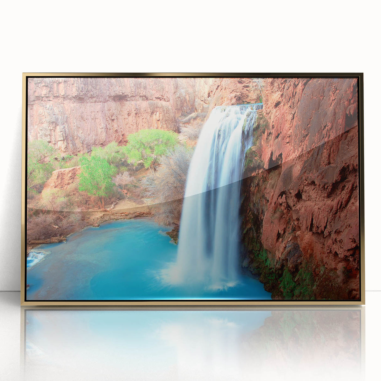 Framed acrylic wall art showcasing a vibrant waterfall landscape design with gold accents, perfect for enhancing home decor with a touch of nature's beauty.