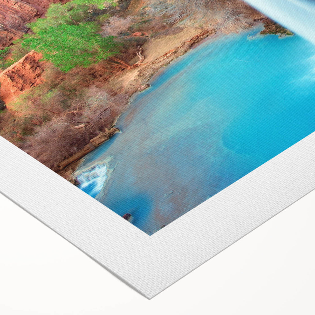 Vibrant rolled canvas wall art featuring a serene waterfall landscape with lush greenery, perfect for enhancing home decor. Ideal for nature enthusiasts and art lovers.