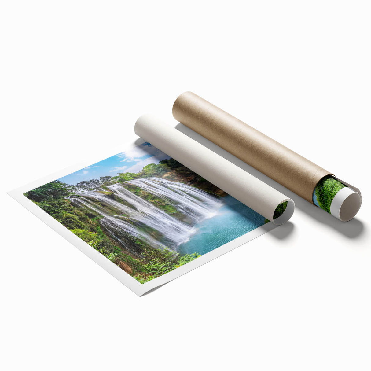 Vibrant waterfall landscape art print showcasing cascading water surrounded by lush greenery, rolled for easy display and protection, perfect for home decor.