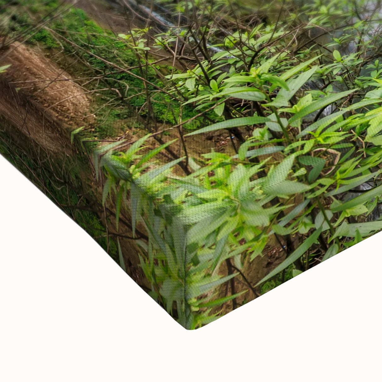 Close-up of a vibrant, stretched canvas featuring a serene waterfall landscape design with lush greenery and detailed textures, perfect for home decor.