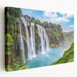 Stretched canvas wall art showcasing a serene waterfall landscape, featuring vibrant blues and greens, perfect for home decor. Ideal for nature enthusiasts seeking tranquility.