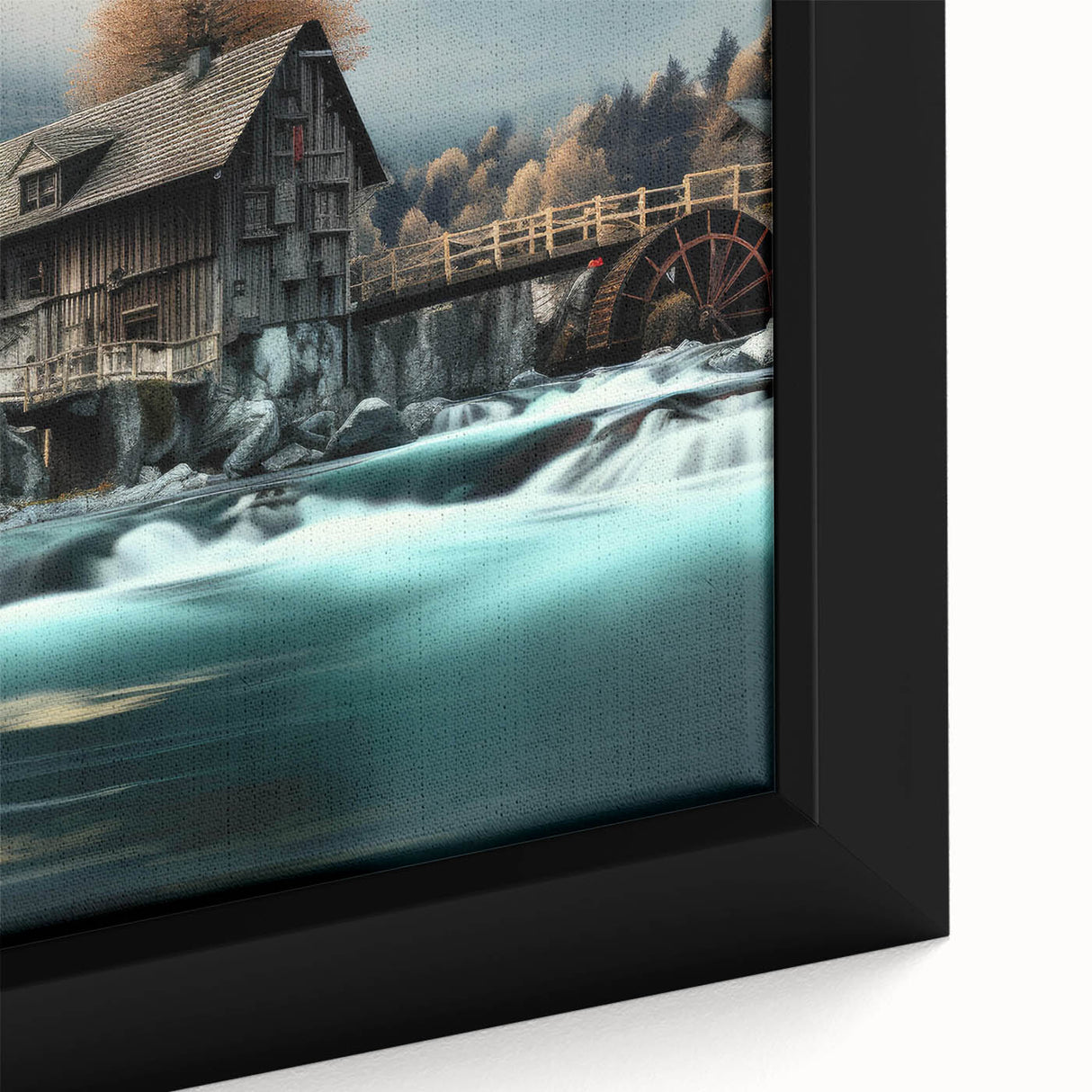 Framed canvas wall art showcasing a serene watermill landscape, featuring vibrant greens and blues, perfect for adding tranquility to any room decor.