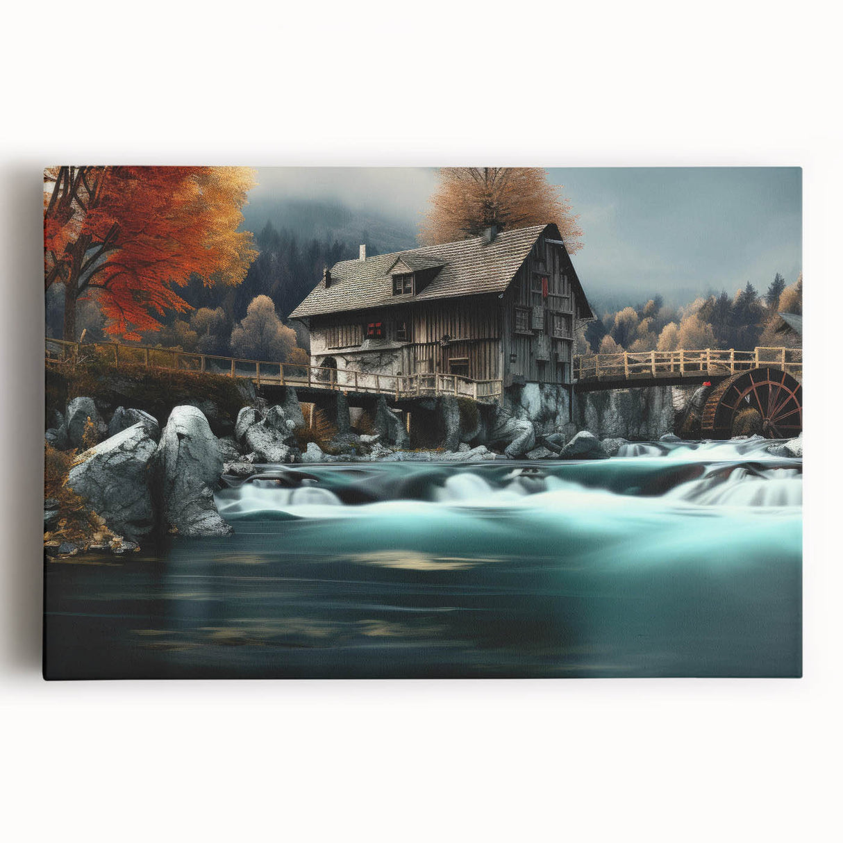 Stretched canvas wall art showcasing a serene landscape with a picturesque watermill, vibrant colors, and intricate details, perfect for home decor enhancement.