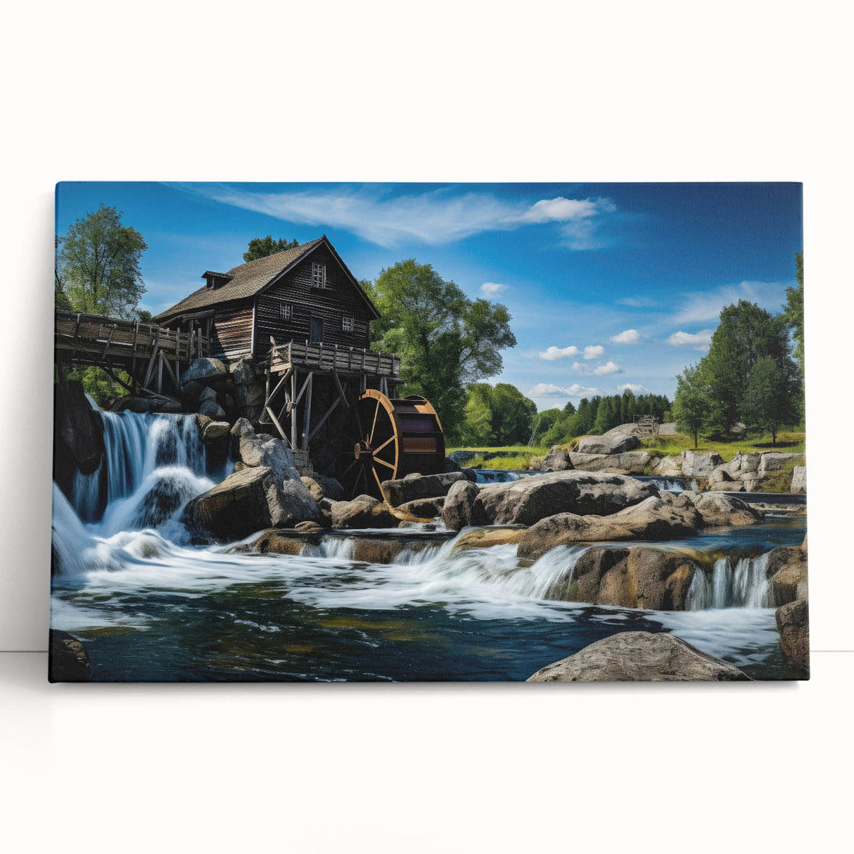 Stretched canvas wall art depicting a serene landscape with watermills and lush greenery, perfect for home decor, showcasing vibrant colors and detailed textures.
