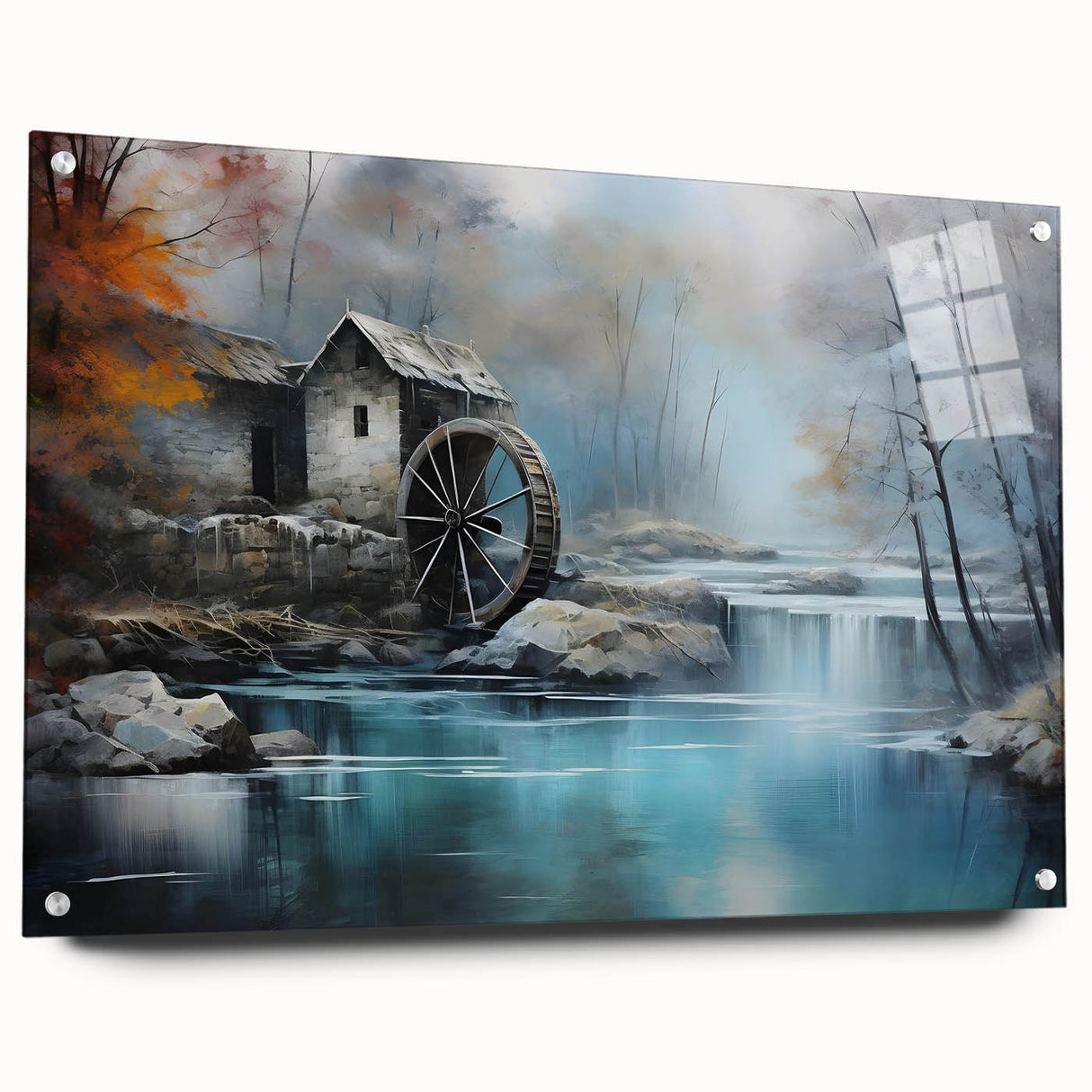 Acrylic glass wall art design showcasing a vibrant watermill landscape, featuring intricate details and a side view with visible mounting pins, perfect for home decor.