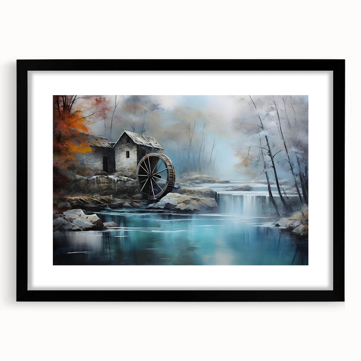 Framed wall art collection featuring a serene landscape with watermills, presented in a sleek black frame with a mat, perfect for enhancing home decor.