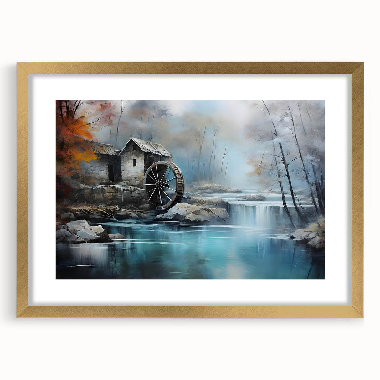 Framed wall art featuring a serene landscape with watermills, elegantly presented with a gold mat. Ideal for enhancing home décor and creating a calming ambiance.