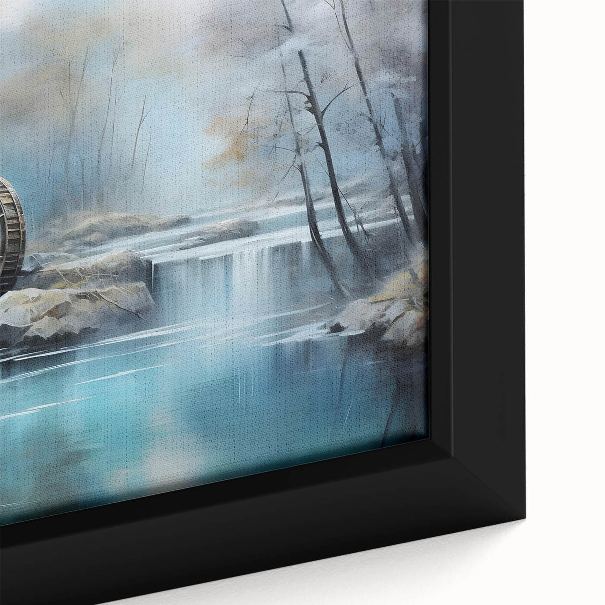 Close-up of a framed canvas depicting a serene landscape with a watermill, featuring lush greenery and a tranquil blue sky, perfect for home décor.
