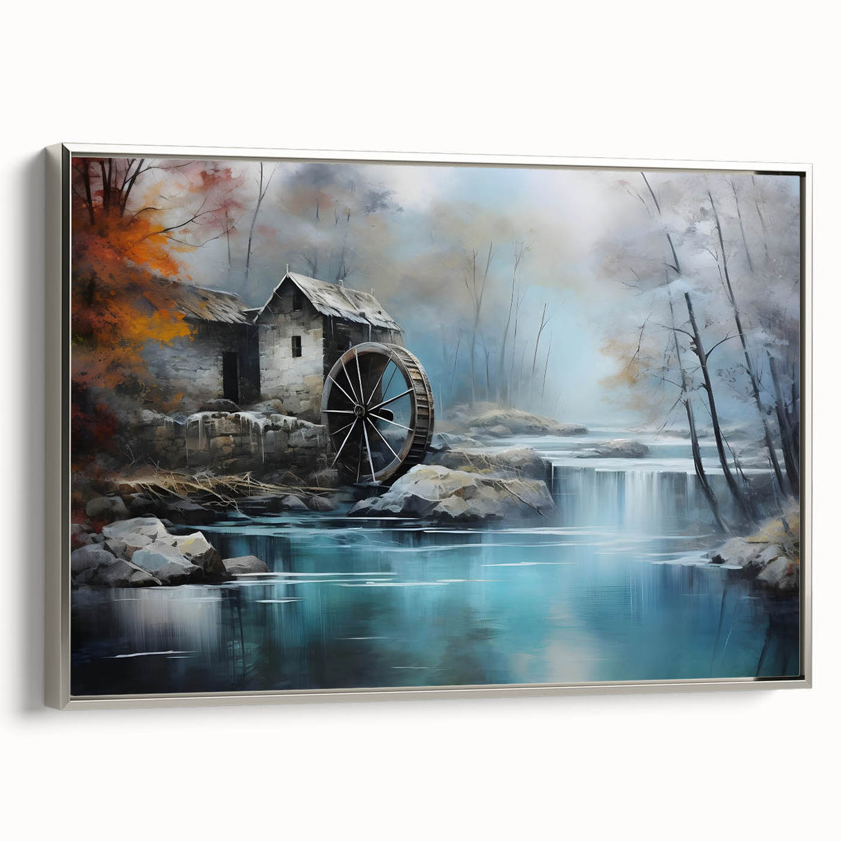 Framed canvas wall art showcasing a serene watermill landscape design with silver accents, perfect for enhancing home decor. The piece captures tranquil nature elements, ideal for creating a calming atmosphere.