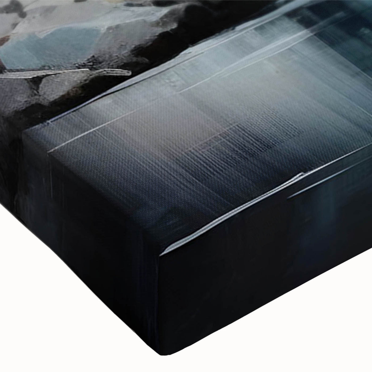 Close-up of a stretched canvas featuring a serene watermill landscape design, showcasing vibrant colors and intricate details, perfect for enhancing home decor.