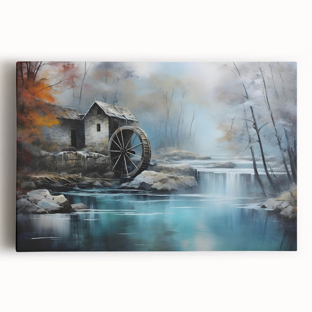 Stretched canvas wall art showcasing a serene watermill landscape design in vibrant colors, perfect for enhancing home decor and adding a natural touch.