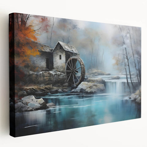 Stretched canvas wall art showcasing a serene watermill landscape design, featuring soft blues and greens, perfect for home decor. Ideal for nature lovers.