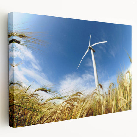 Stretched canvas artwork of a serene landscape with windmills at sunset, showcasing vibrant colors and intricate details, perfect for home decor.