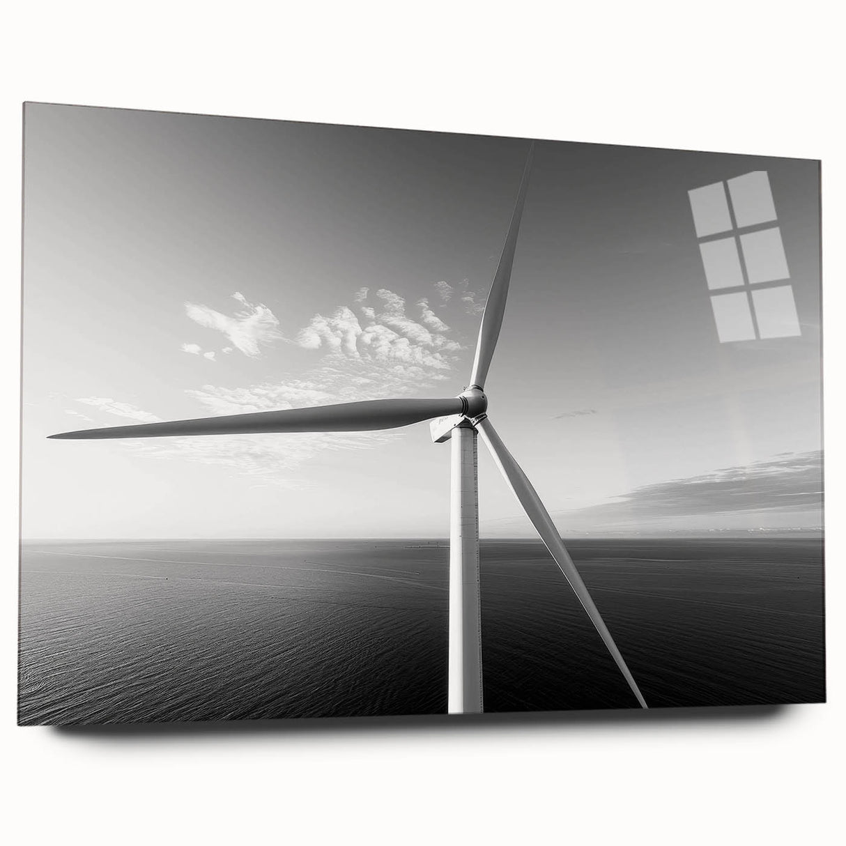 Acrylic glass wall art showcasing a vibrant landscape with windmills, designed for modern interiors. The artwork features a side view, emphasizing the serene colors and detailed scenery, perfect for adding a touch of elegance to any room.