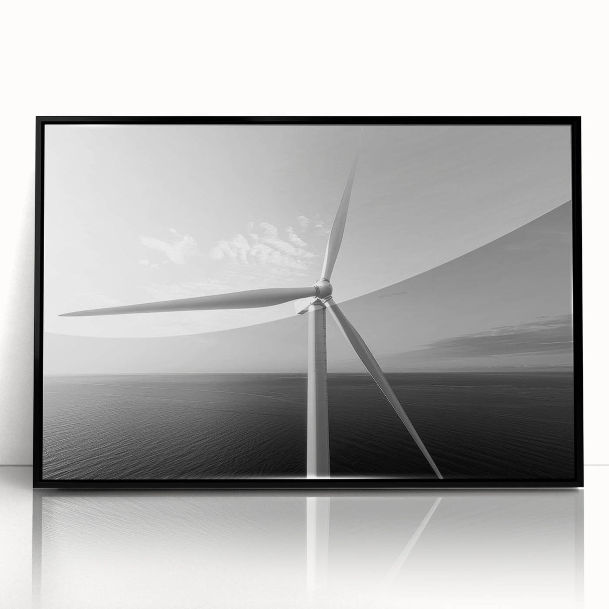 Framed acrylic wall art showcasing a serene landscape with windmills, featuring a sleek black frame and vibrant colors, perfect for home decor.