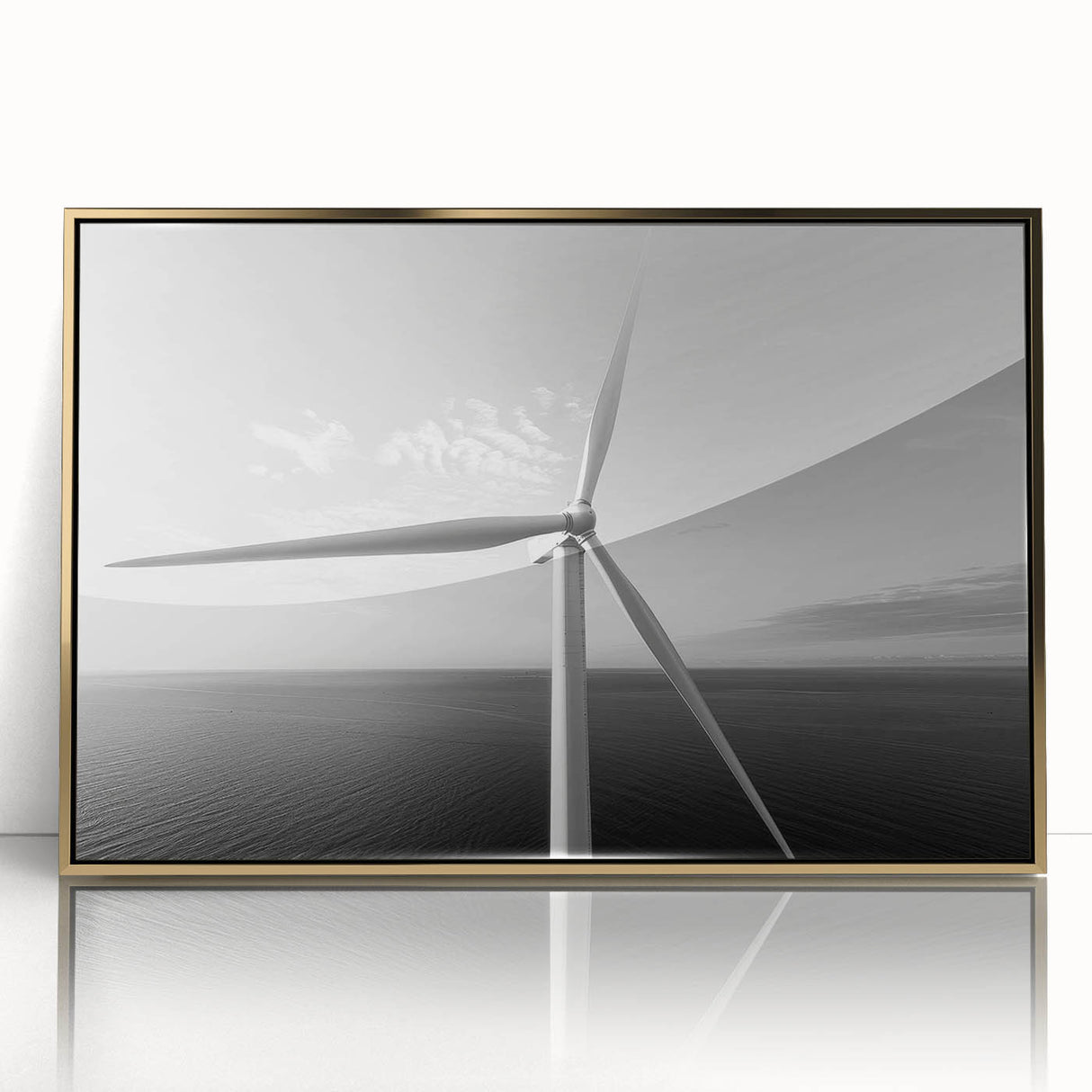 Framed wall art collection depicting serene landscapes with windmills in a golden acrylic frame, perfect for enhancing home decor with a touch of elegance.