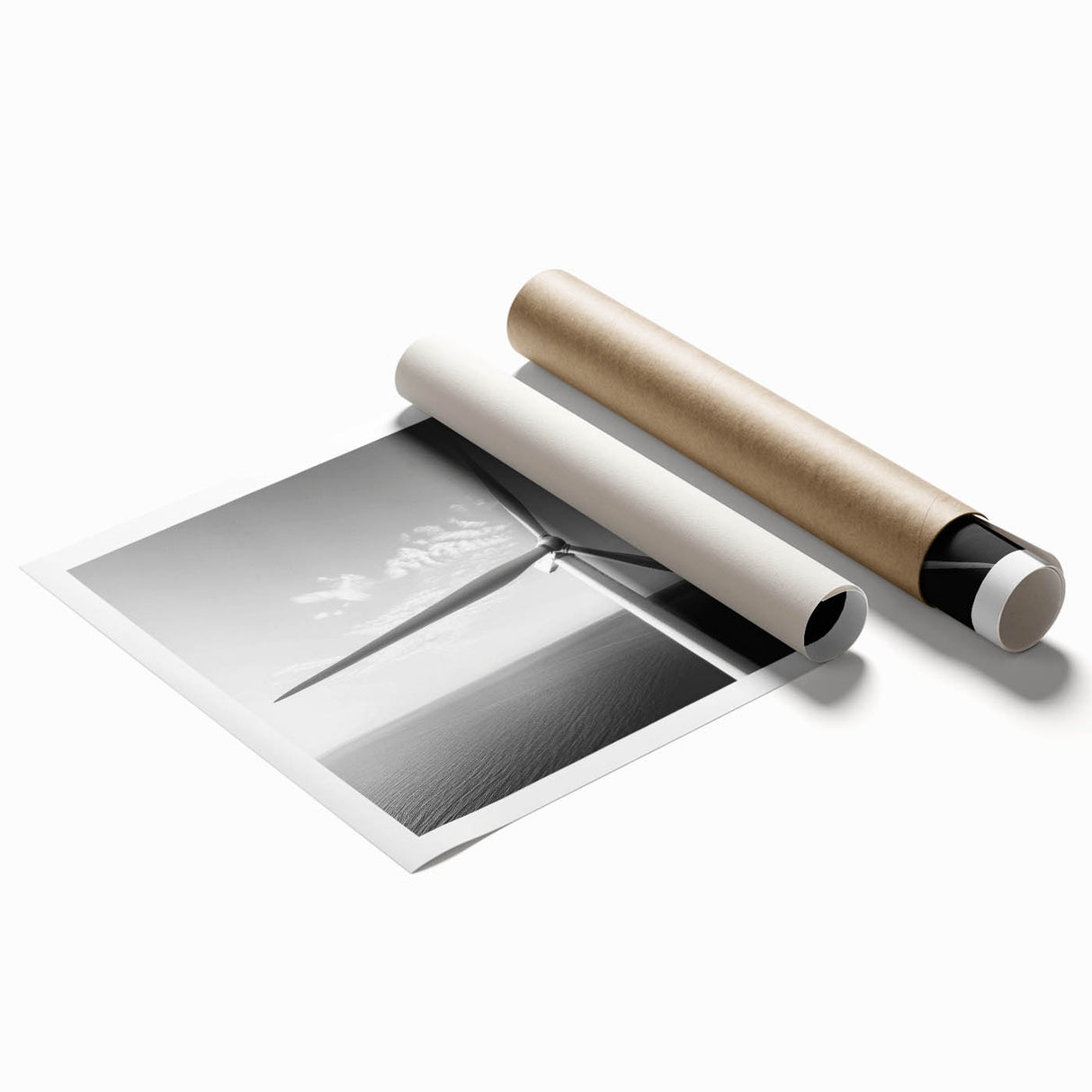 Rolled print showcasing a serene landscape with windmills against a vibrant sunset, perfect for enhancing home decor and creating a tranquil atmosphere. Ideal for art enthusiasts and nature lovers.