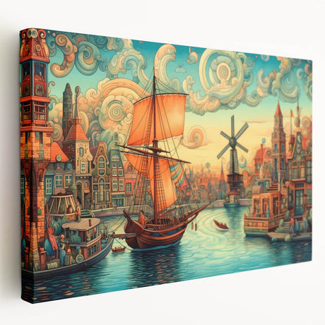 Stretched canvas artwork depicting a serene landscape with windmills against a vibrant sunset, showcasing rich colors and fine details, ideal for home decor.