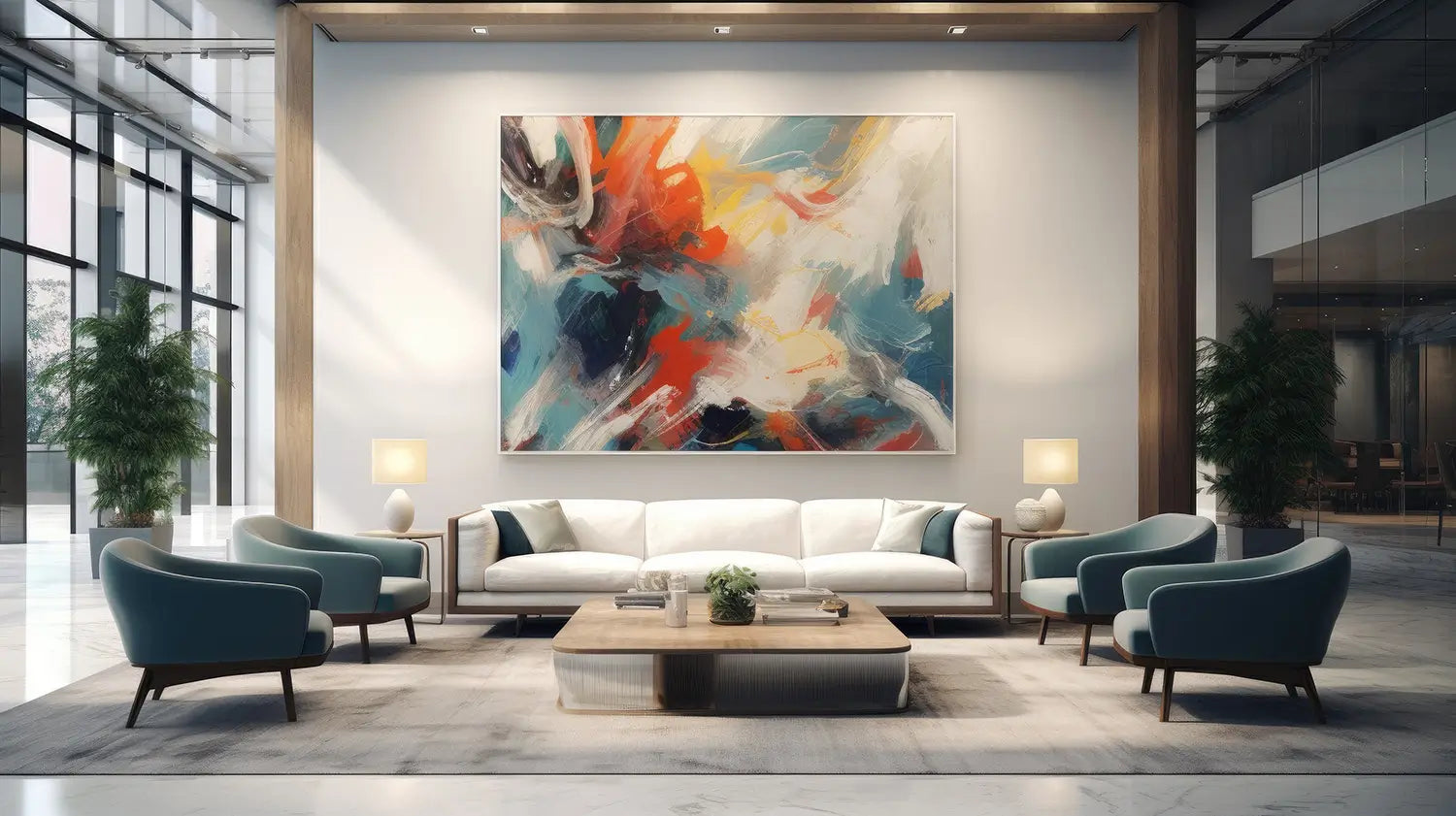 Modern abstract wall art in a contemporary office lounge with elegant furniture and large canvas painting in vibrant colors.
