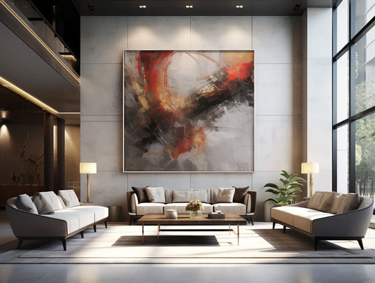 Large-scale abstract wall art in a luxury hotel lobby with modern furniture and tall ceilings