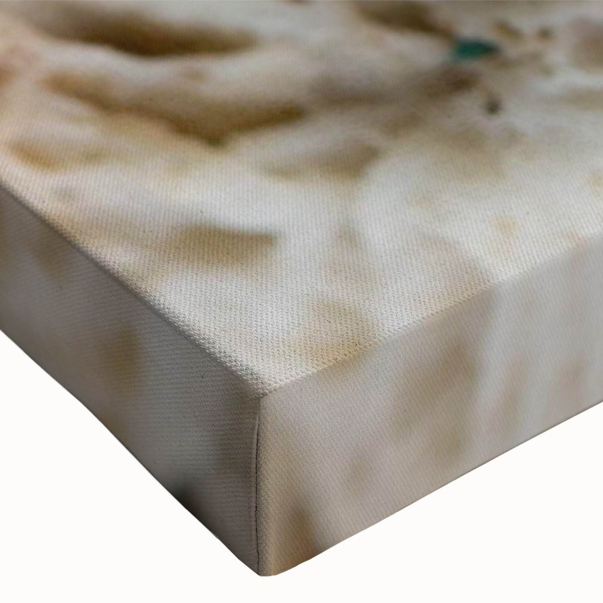 Close-up view of a vibrant stretched canvas wall art piece depicting intricate marine life and coral designs, showcasing a blend of blues, greens, and coral tones, perfect for ocean-themed decor.