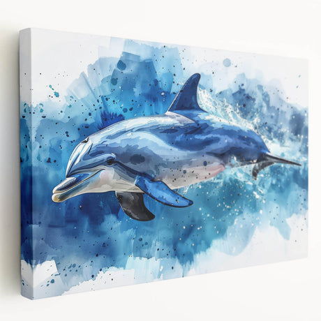 Vibrant stretched canvas wall art depicting a playful dolphin swimming amidst colorful marine life, showcasing intricate details and vivid colors, perfect for ocean-themed decor.