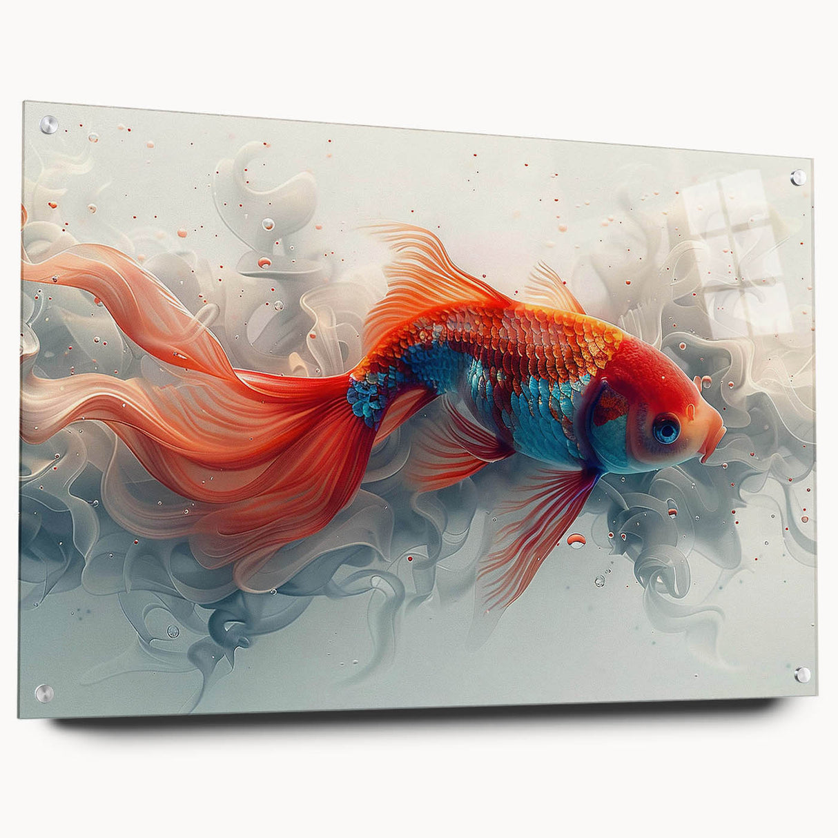 Acrylic wall art featuring a vibrant marine life fish design in a side view, showcasing intricate details and colors, mounted with pins for display.