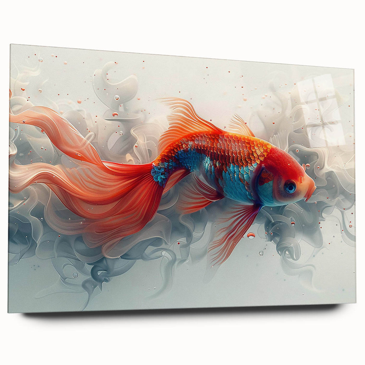 Side view of a vibrant marine life fish design wall art piece made from acrylic glass, showcasing colorful aquatic scenes, perfect for ocean-themed decor. This decorative artwork adds a lively touch to any room.